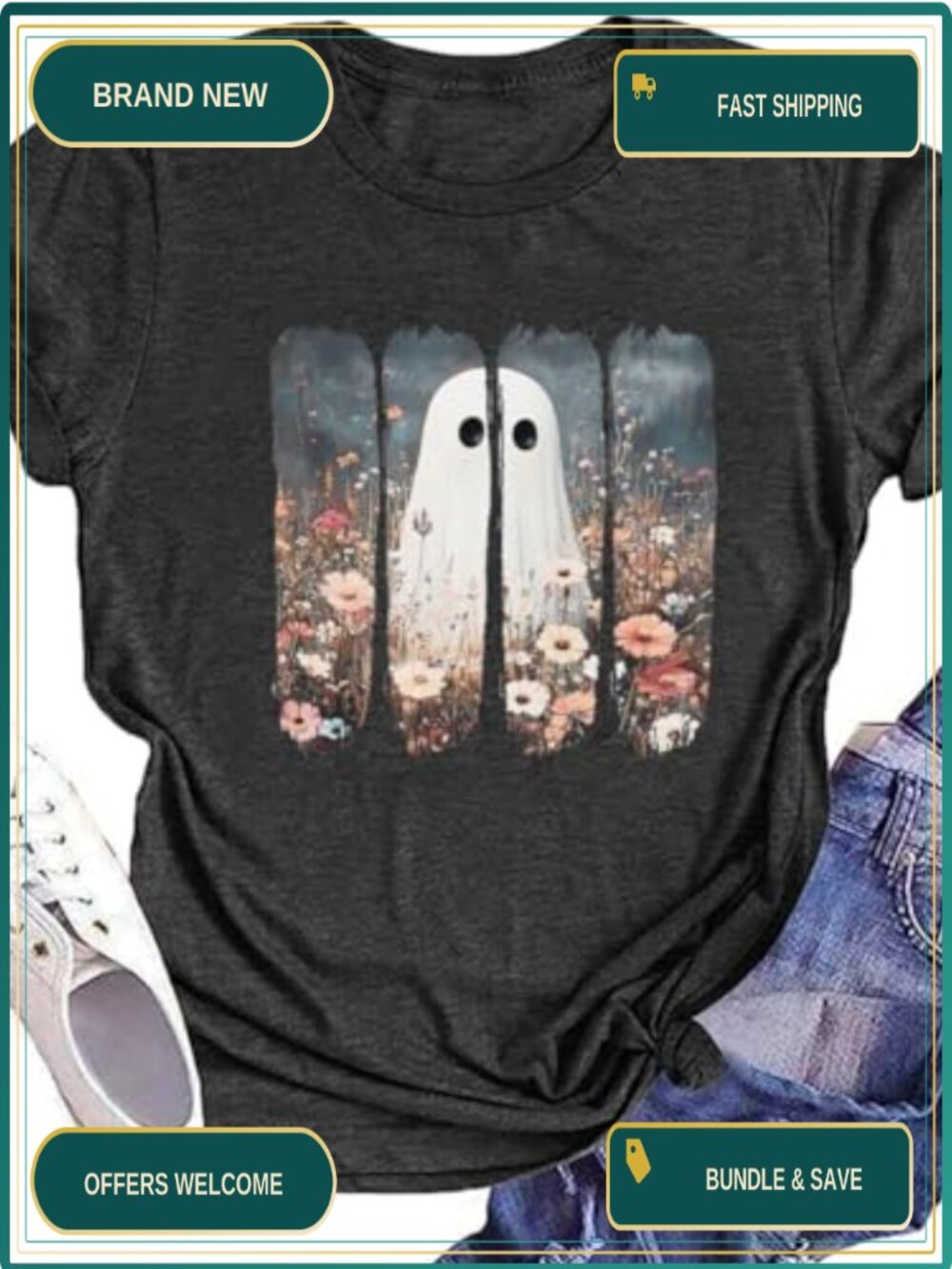 Cute Pumpkin Ghost Graphic Halloween Tee Cotton Blend Crew Neck Short Sleeve